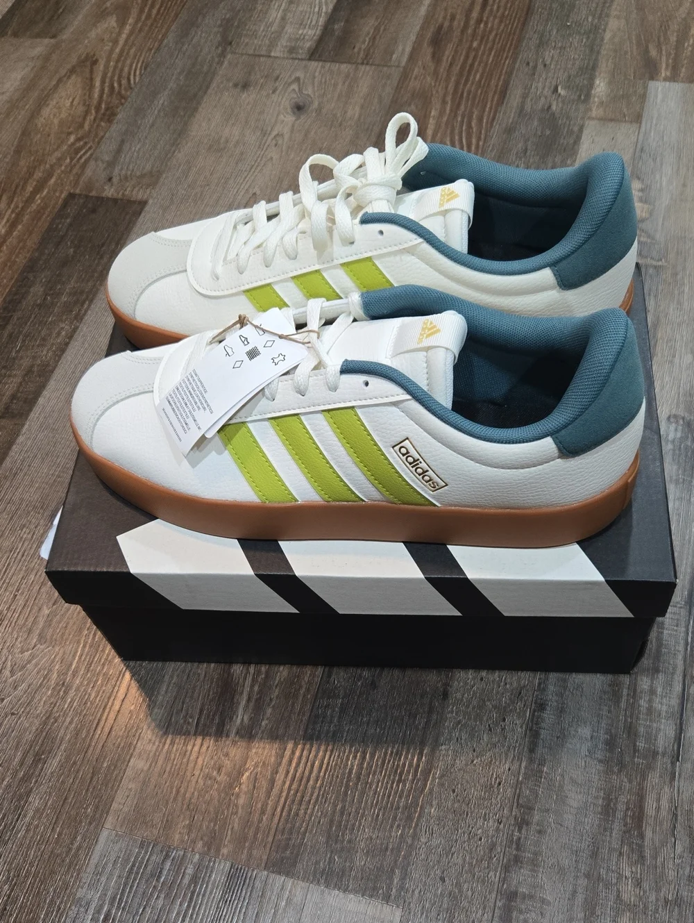 adidas White Sneakers with Lime Green Stripes and Teal Collar